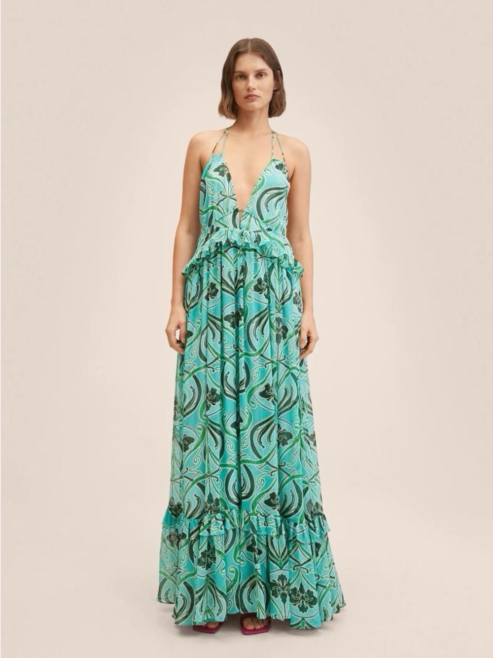 Mango Turquoise Print Halter Ruffle Maxi Dress